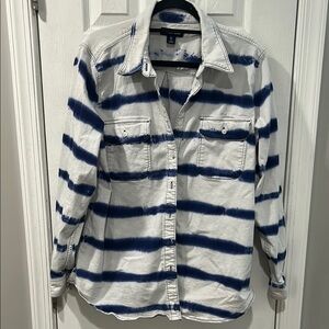 Lands End Blue and White Striped Button-Up Shirt Size 18